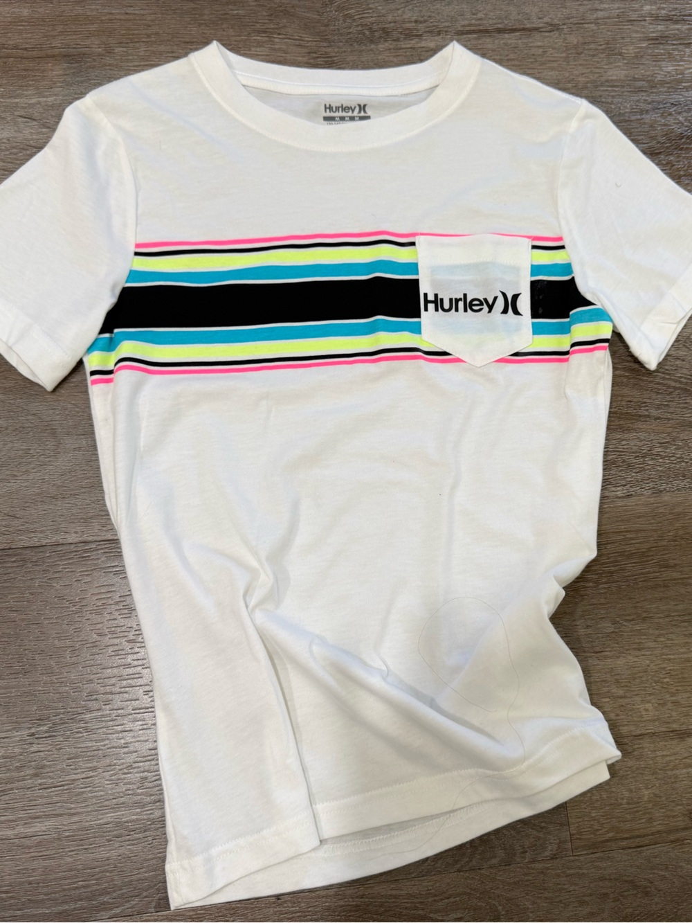 Hurley White Tee with Bright Neon Stripe Pocket